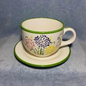 Oversized Floral Tea Cup & Saucer Set Hand Painted Hydrangea Cottagecore Green
